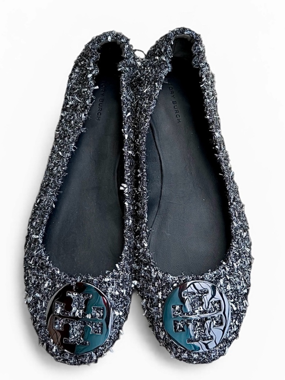 Tory Burch Minnie Travel Ballet Flats Silver Tweed Confetti Logo Shoes 10